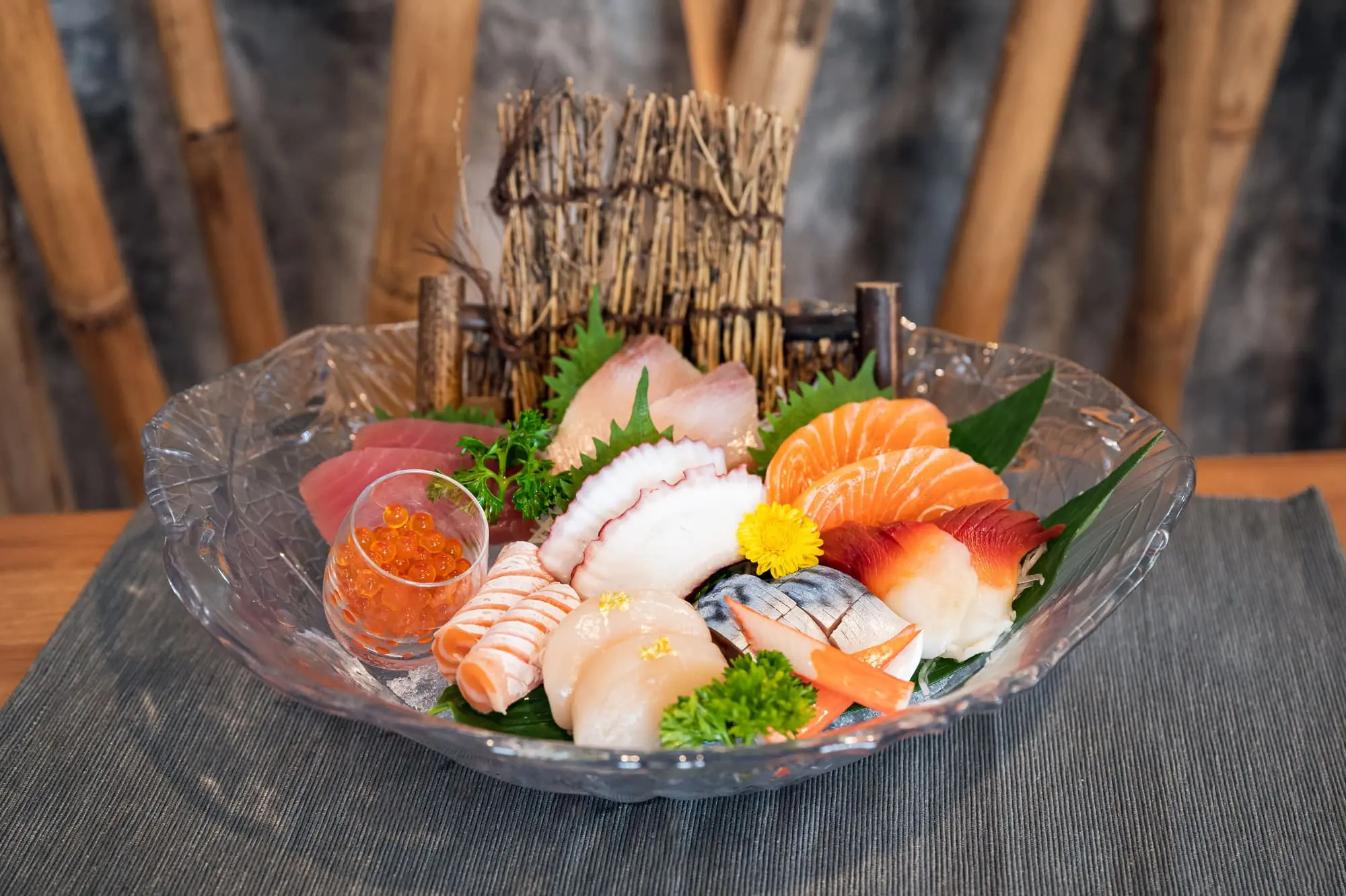 Various japanese fresh sashimi fish and seafood set